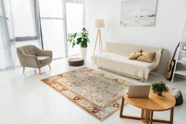 A low-pile beige and red bordered area rug anchors a bright room with white walls and white plank flooring.