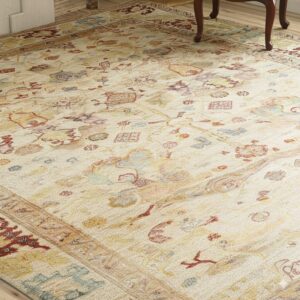 Large cream rug with a muted traditional multicolored pattern covers light wood flooring beside dark furniture.