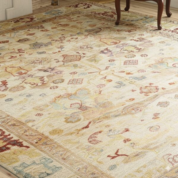 Large cream rug with a muted traditional multicolored pattern covers light wood flooring beside dark furniture.