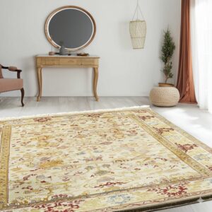 Cream and yellow traditional rug with red and blue accents placed on light wood floor.