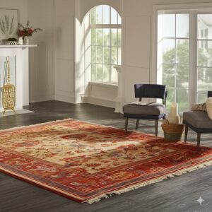 Red and beige traditional area rug with fringe in a sunny room featuring dark wood floors and gray chairs.
