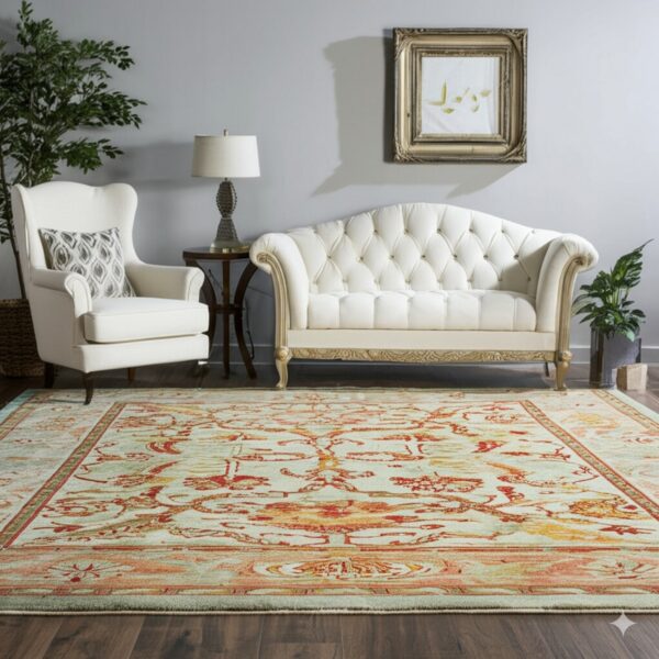 Ornate pale aqua rug with orange and red design anchors white furniture on dark wood floors.