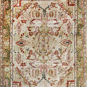 Traditional patterned rug with a pale field, golden-olive border, and accents of red and teal.