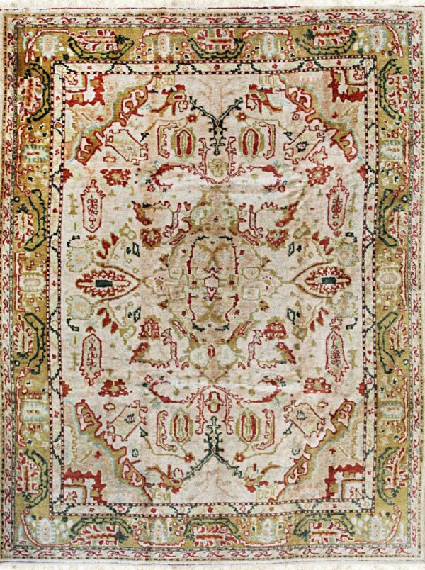 Traditional patterned rug with a pale field, golden-olive border, and accents of red and teal.