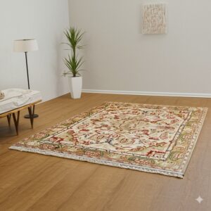 A traditional cream rug with red and green patterns sits on a wood floor beside a potted plant.