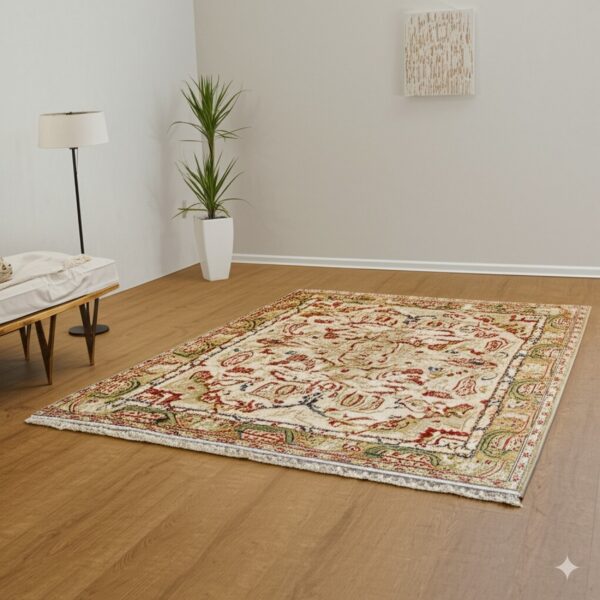 A traditional cream rug with red and green patterns sits on a wood floor beside a potted plant.