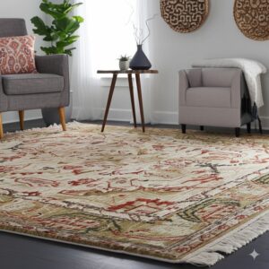 Low-pile rug in ivory, reddish-brown, and green colors is framed by gray armchairs on dark wood floors.