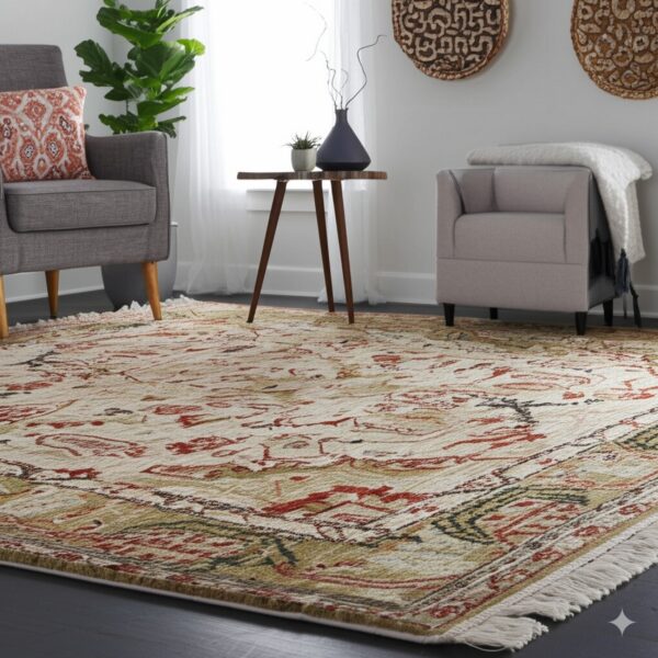 Low-pile rug in ivory, reddish-brown, and green colors is framed by gray armchairs on dark wood floors.