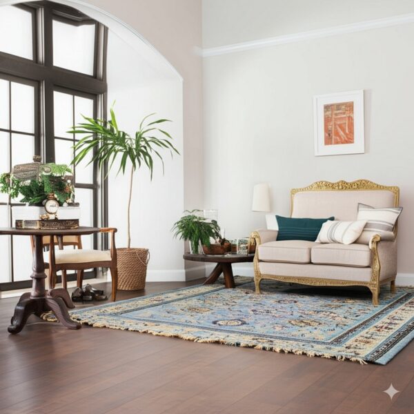 A light blue and beige traditional patterned rug lies beneath a gold-trimmed antique-style sofa on dark wood floors.