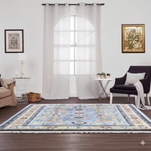 A distressed blue and cream traditional rug on dark wood floors anchors a bright room with sheer curtains and seating.