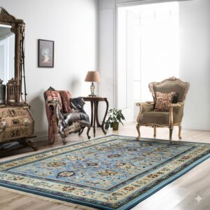 Ornate light blue rug with a beige border grounds a formal room featuring carved wood furniture.