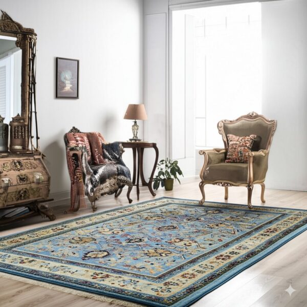 Ornate light blue rug with a beige border grounds a formal room featuring carved wood furniture.