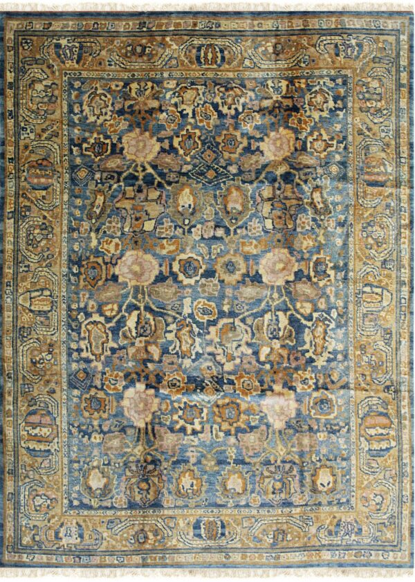 Low-pile rug featuring a dense floral pattern in blue, tan, rose, and rust colors.