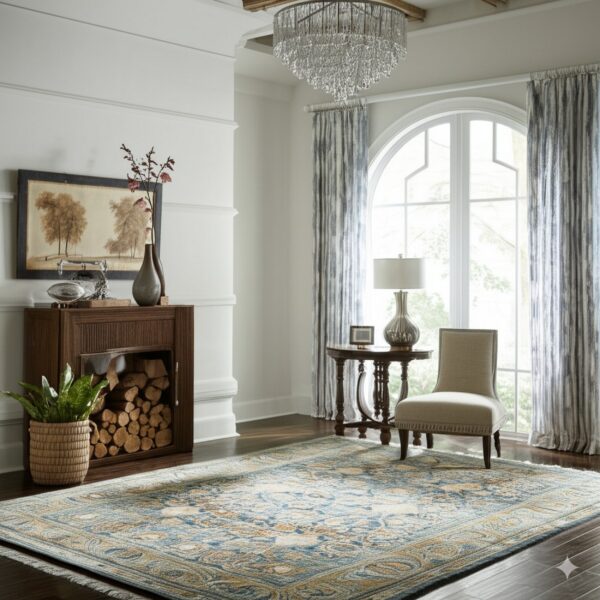 Traditional blue and gold patterned low-pile rug lying on dark wood floors next to a fireplace and chair.