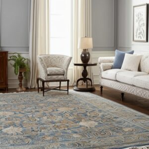 A traditional blue and beige patterned rug anchors a living room with upholstered furniture and dark wood floors.
