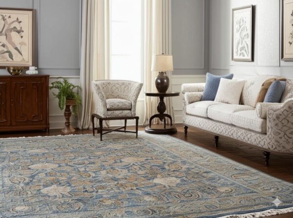 A traditional blue and beige patterned rug anchors a living room with upholstered furniture and dark wood floors.