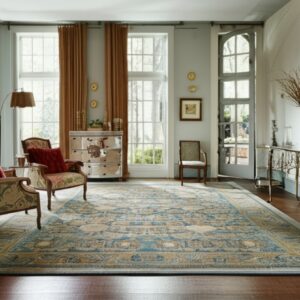A distressed blue, tan, and gold traditional rug covers dark wood floors in a bright, elegant room.