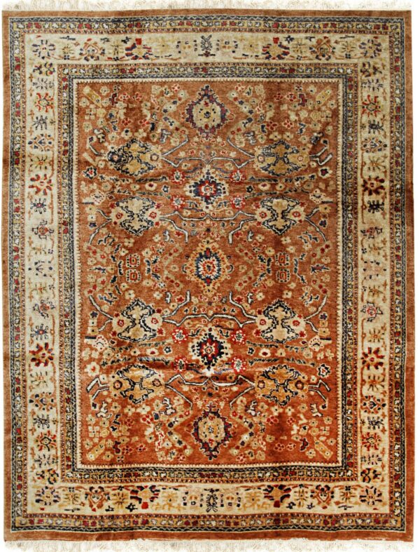 Traditional rug with a rust central field, cream borders, and intricate botanical medallion design.