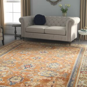 Traditional orange and blue patterned rug beneath a cream tufted sofa in a sunlit formal room.