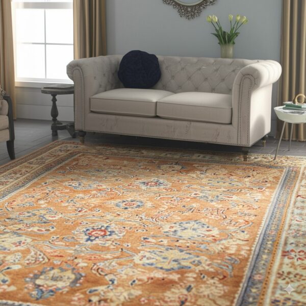 Traditional orange and blue patterned rug beneath a cream tufted sofa in a sunlit formal room.