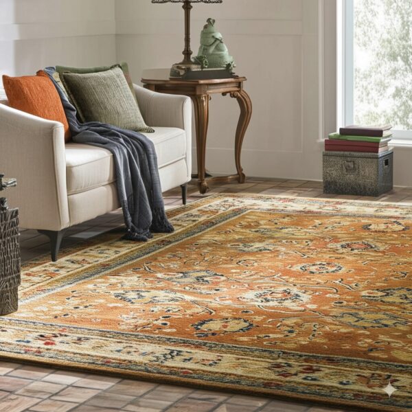 Rust-toned traditional rug with blue and cream accents placed under an armchair on a reddish tiled floor.
