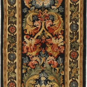 Narrow, dark runner rug featuring an elaborate multicolor floral pattern and a traditional geometric beige border.