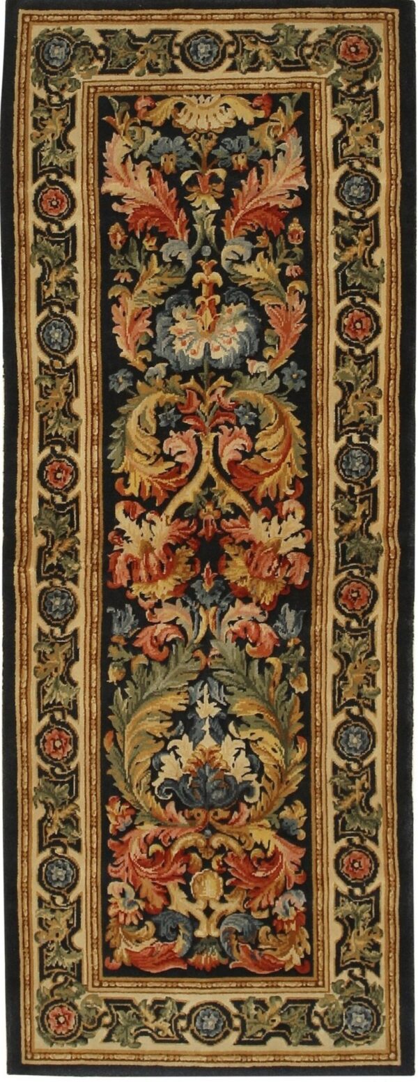 Narrow, dark runner rug featuring an elaborate multicolor floral pattern and a traditional geometric beige border.