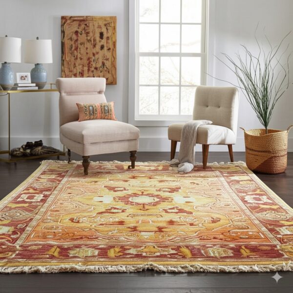 Ornate yellow, orange, and red rug with fringe centers two upholstered chairs on dark wood floors.