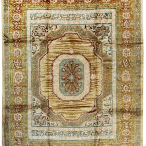 Muted gold and green traditional rug with an octagonal central medallion and intricate border designs.