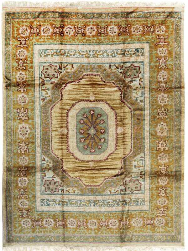 Muted gold and green traditional rug with an octagonal central medallion and intricate border designs.