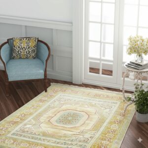 Gold traditional medallion rug on dark wood planks with a light blue accent chair nearby.