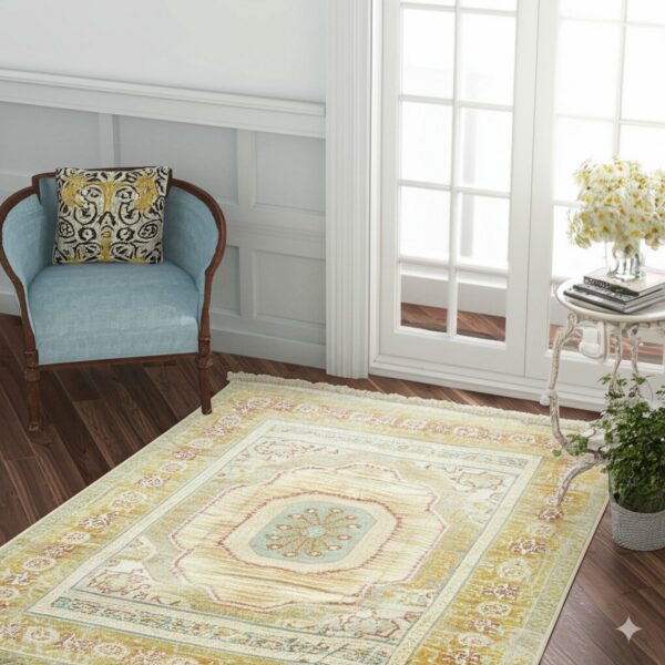 Gold traditional medallion rug on dark wood planks with a light blue accent chair nearby.