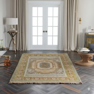 A traditional green and beige medallion rug rests on dark herringbone wood flooring before white French doors.