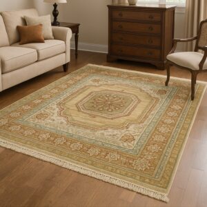 Gold and rust traditional rug defines a living space with a beige sofa, wooden dresser, and window.