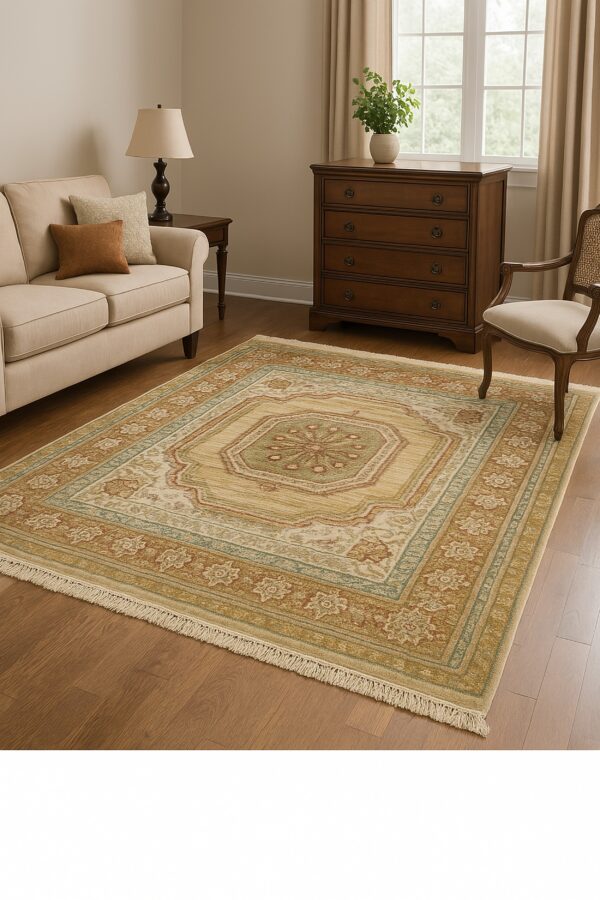 Gold and rust traditional rug defines a living space with a beige sofa, wooden dresser, and window.