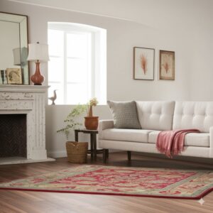 Red, tan, and sage patterned rug on wood floors near a light colored sofa and distressed mantle.