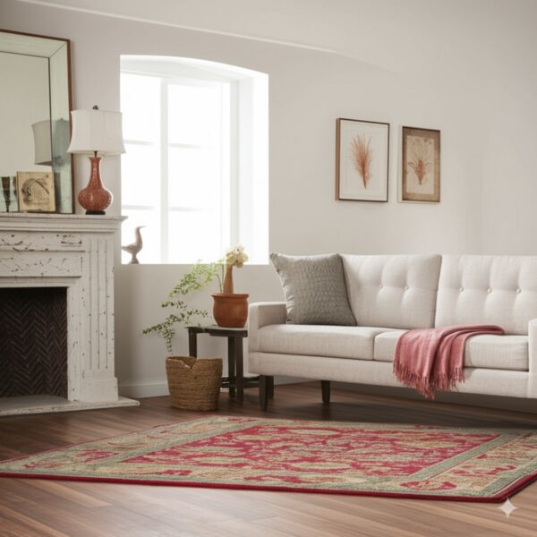 Red, tan, and sage patterned rug on wood floors near a light colored sofa and distressed mantle.