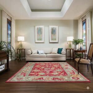 A large red floral traditional rug on dark wood floors anchors a room with a light-colored sofa.