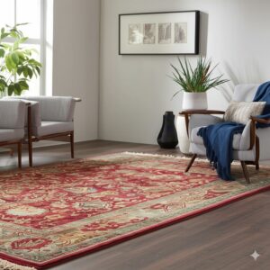 Red and beige traditional area rug anchors two gray armchairs on dark wood flooring.