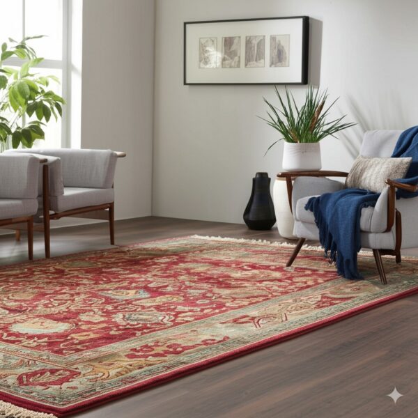 Red and beige traditional area rug anchors two gray armchairs on dark wood flooring.
