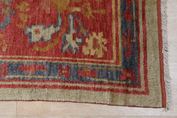 Rustic red rug with blue and gold motifs, thick tan border, and fringe on light wood flooring.