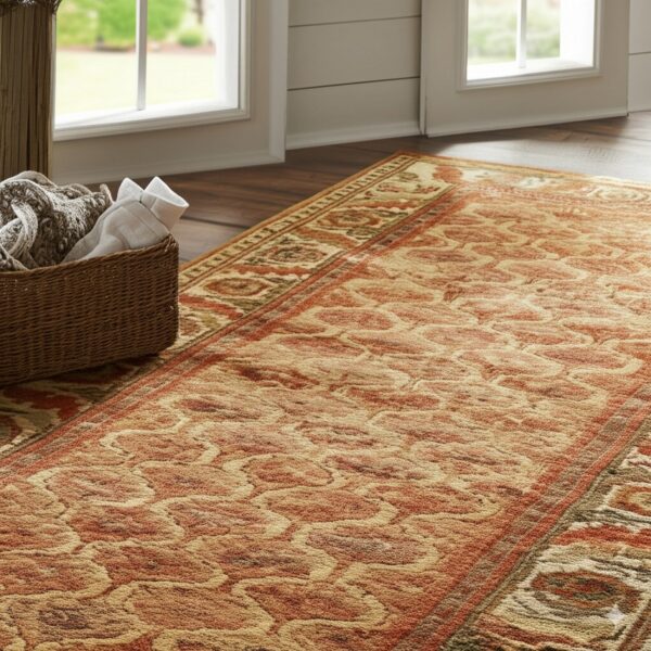 Rust and beige runner rug with scrolling pattern and sculpted pile rests on wood flooring near large windows.