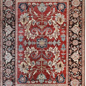Traditional rug showcasing a rust field with multi-colored florals and a contrasting, dark brown patterned border.