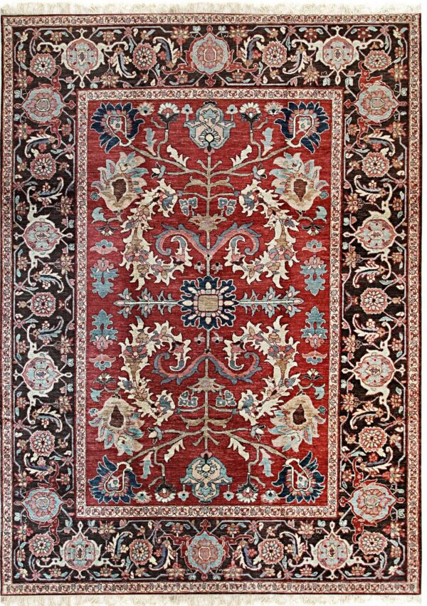 Traditional rug showcasing a rust field with multi-colored florals and a contrasting, dark brown patterned border.