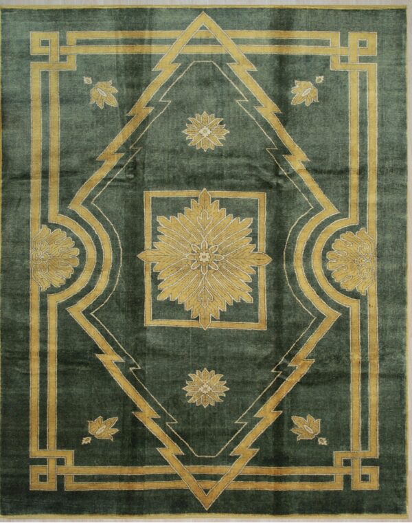 Dark green rug with a symmetrical gold geometric border and a large central diamond floral motif.