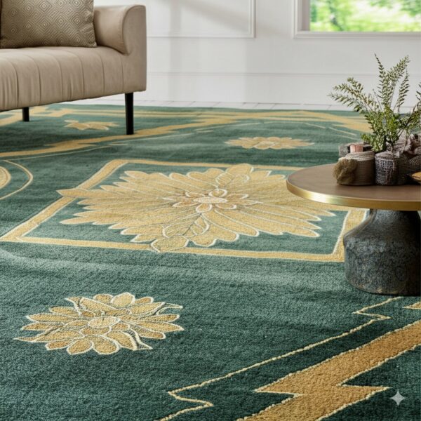 A teal and golden yellow rug with floral and geometric patterns sits beneath a round brass coffee table.