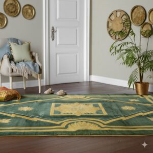 A richly patterned green rug with bright yellow accents covers dark wood flooring next to a white paneled door.
