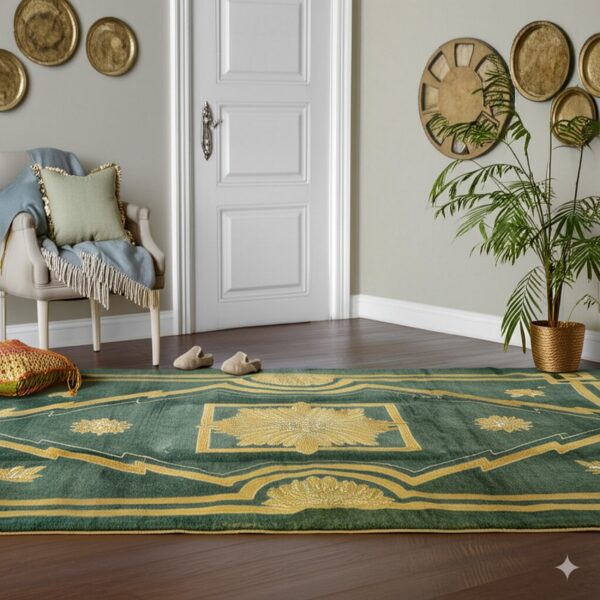 A richly patterned green rug with bright yellow accents covers dark wood flooring next to a white paneled door.