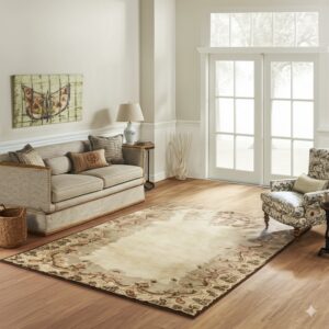 Ornate cream and brown area rug in a sunlit room with hardwood floors, a beige sofa, and patterned chair.