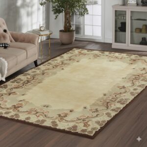 Rectangular beige rug with a detailed brown and rust-toned floral border on dark hardwood flooring.